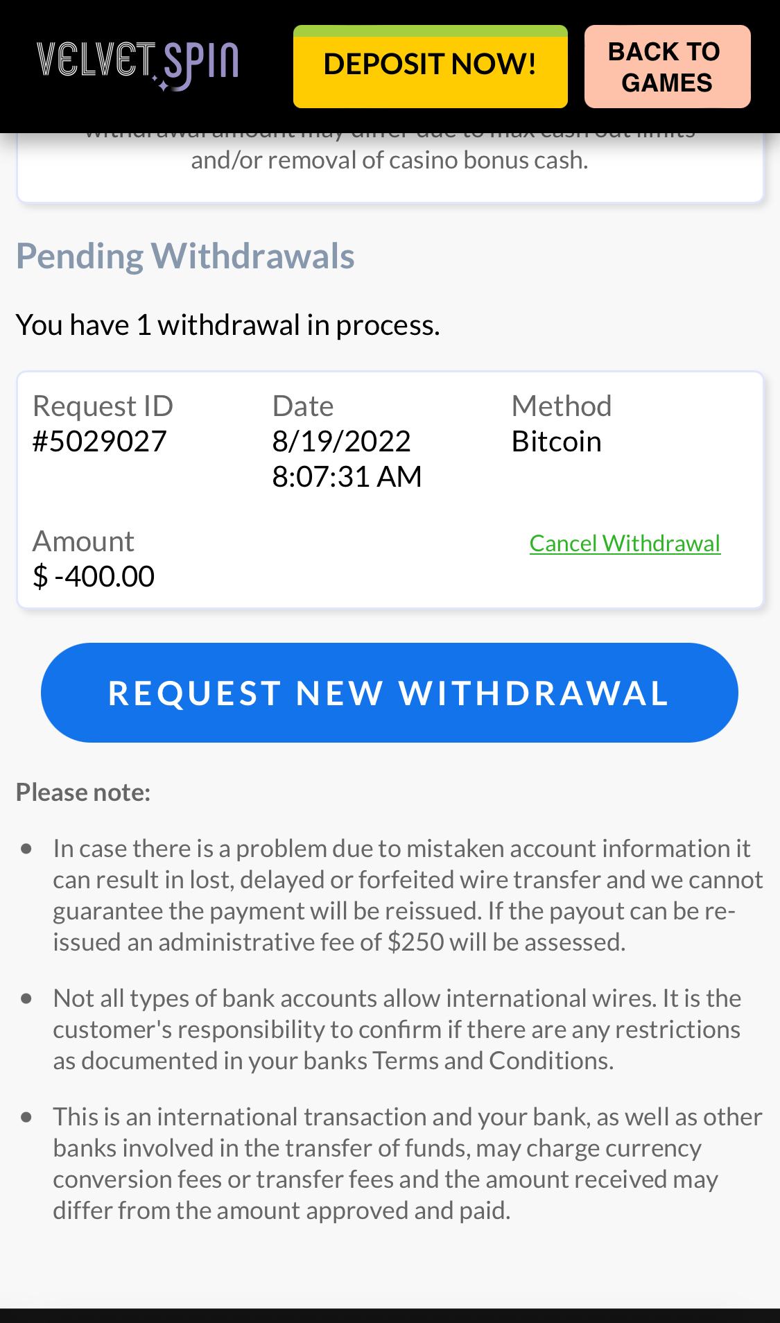 Velvet Spin Casino Player s Withdrawal Has Been Delayed 